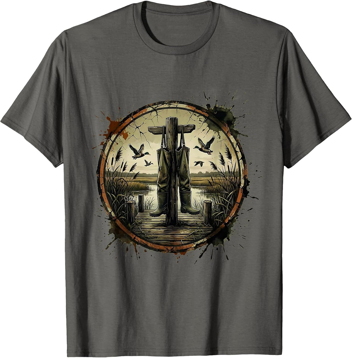 Duck Camo Waders on Weathered Dock Illustration T-Shirt - Asphalt Grey