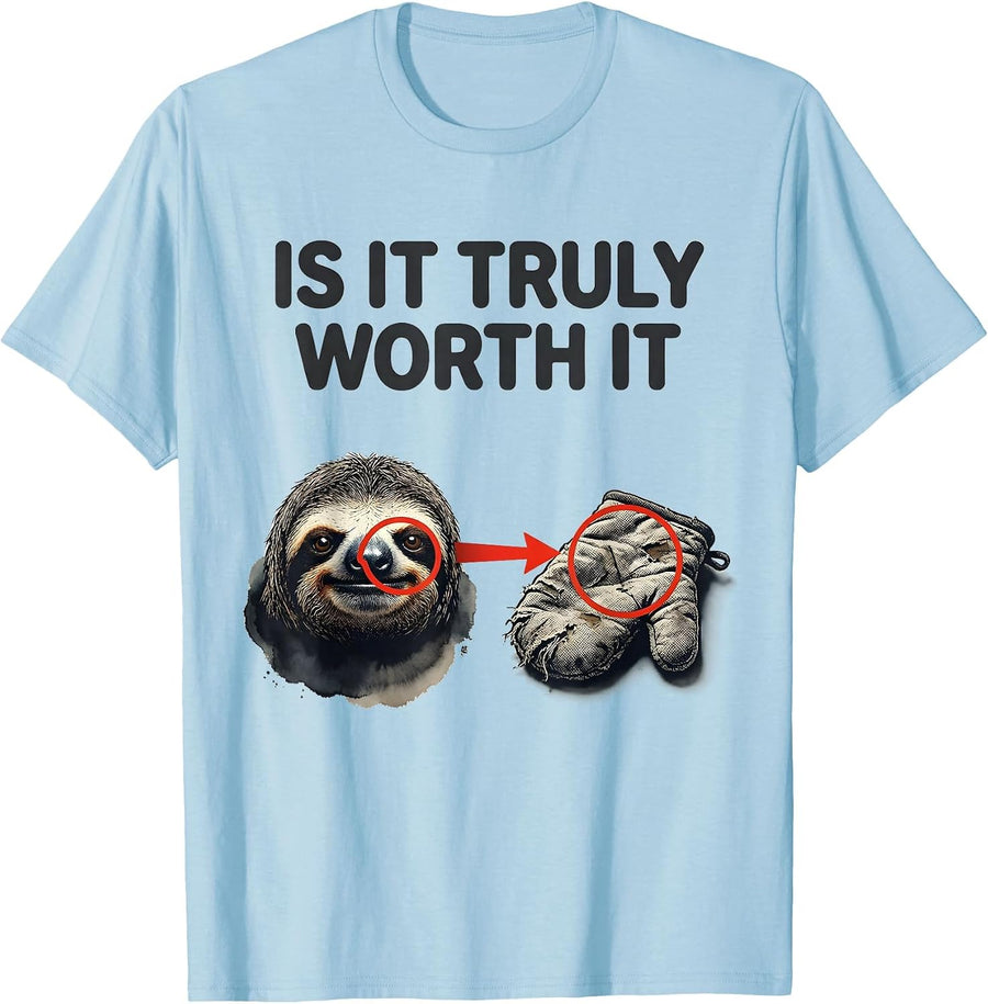Men's Is It Truly Worth It Funny Derpy Sloth Meme Animal T-Shirt - Baby Blue