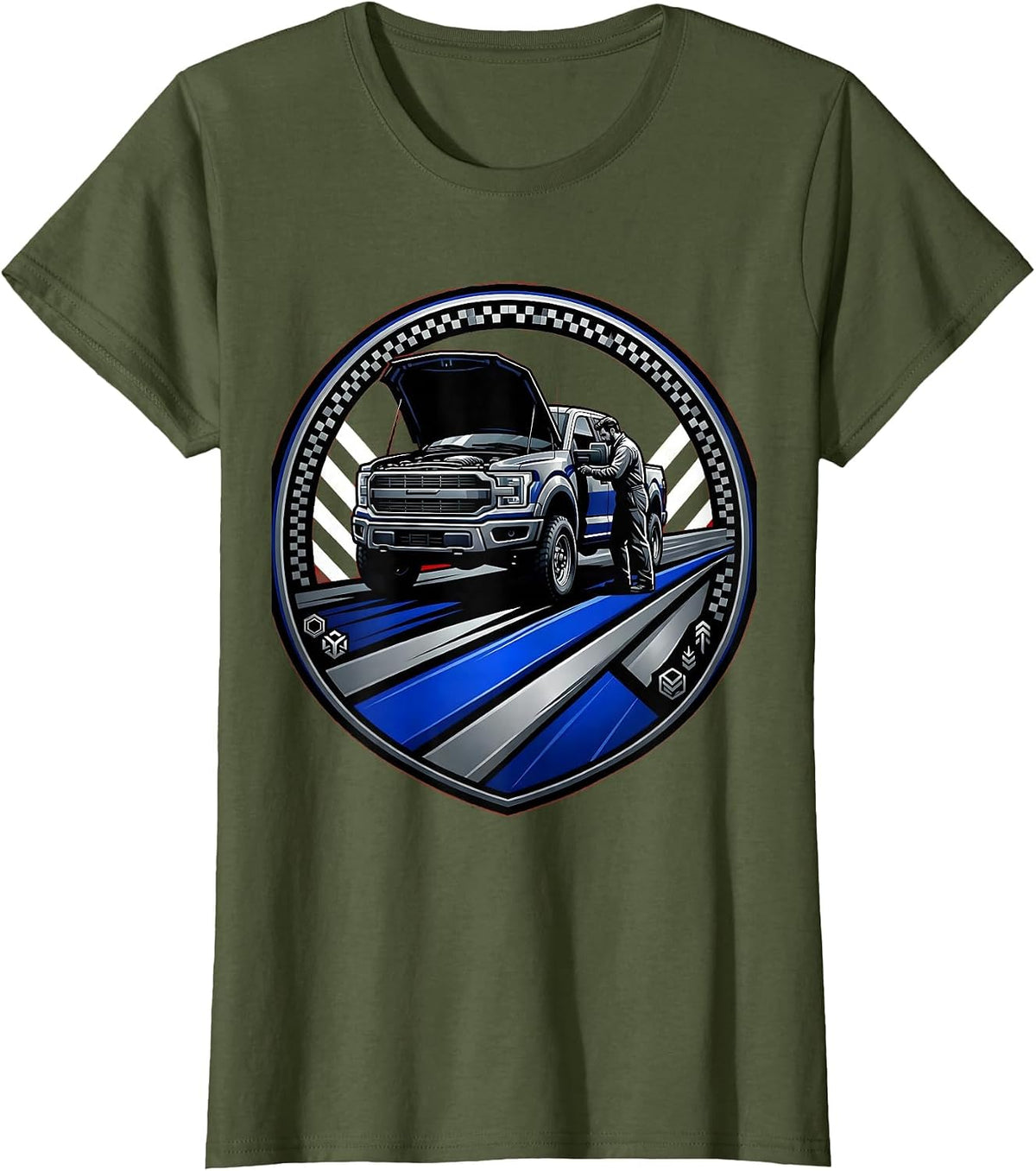 Women's Valley Forge Automotive Mechanic Under Truck Hood T-Shirt - Olive Green