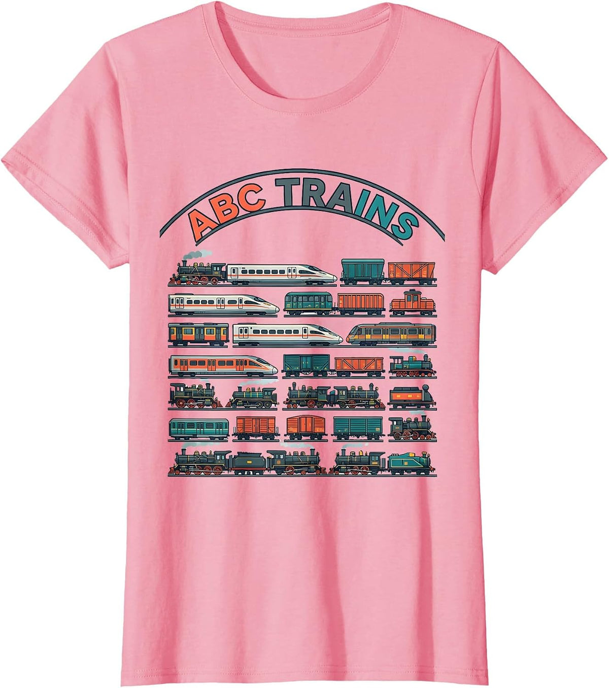 Women's ABC Trains Bold Alphabet A-Z Kids Learning Letters Railway T-Shirt - Pink