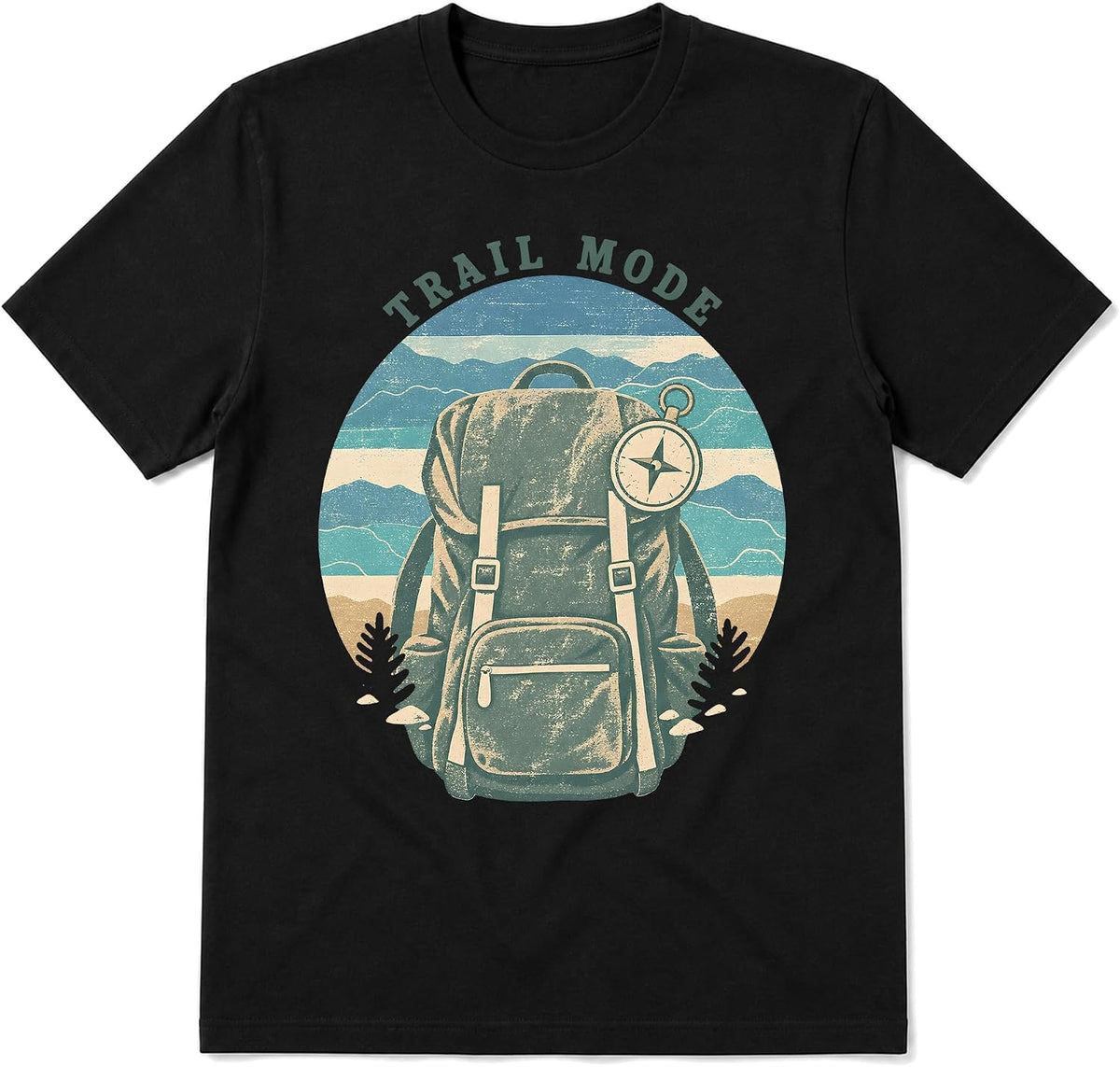 Retro Camping T-Shirt, Hiking Backpack and Compass Graphic - Black