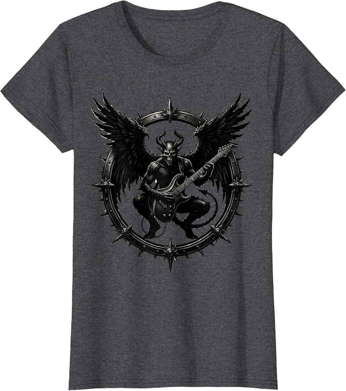 Women's Winged Demon Guitarist Heavy Metal Rock Illustration T-Shirt - Dark Heather Grey