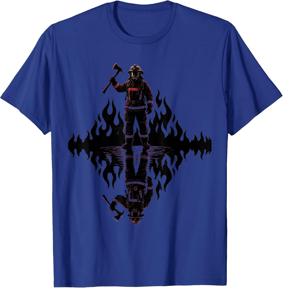 Firefighter Reflection Puddle Flames Graphic T-Shirt - Royal Blue