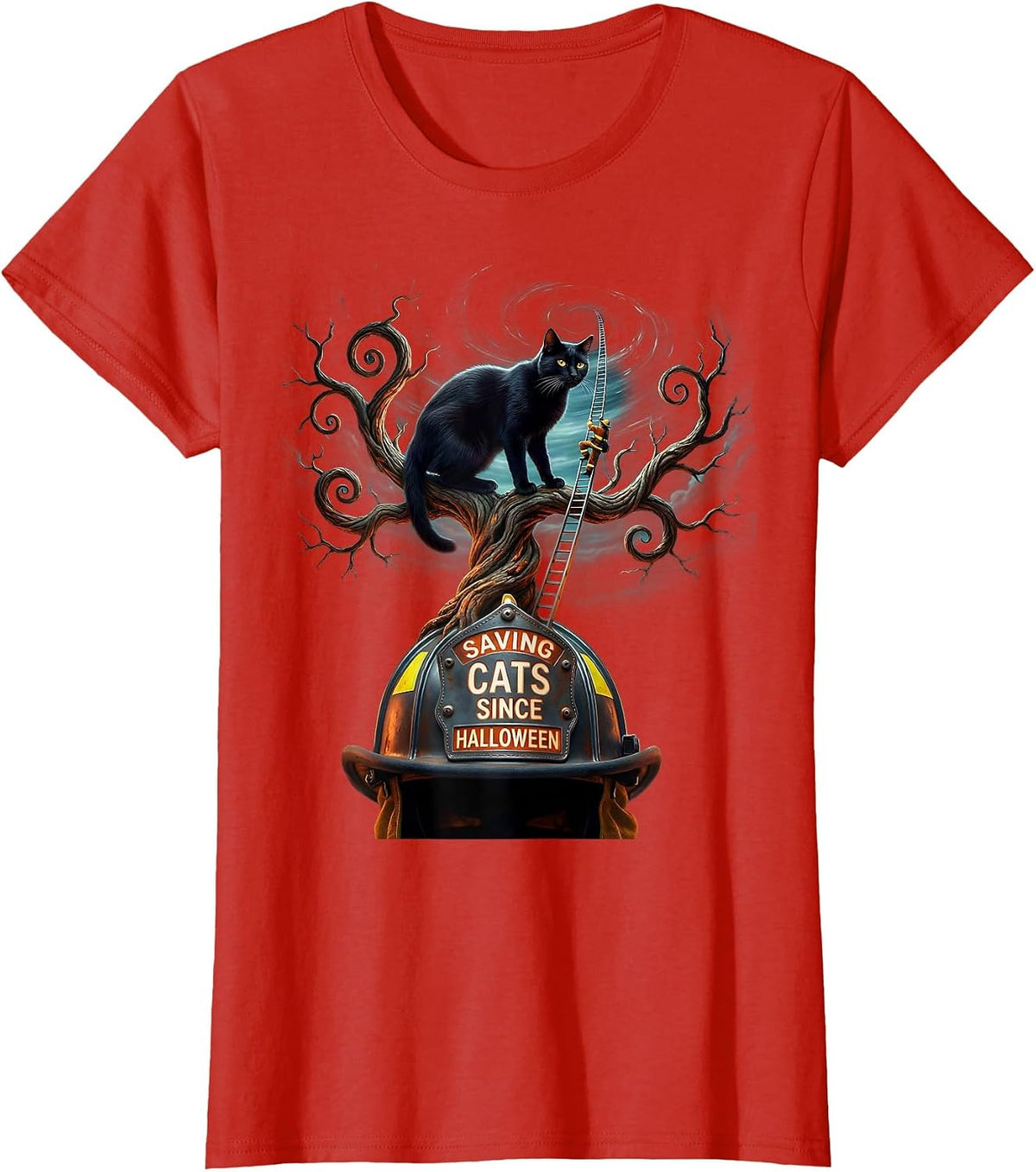 Halloween Firefighter Rescue Cat Design T-Shirt - Red