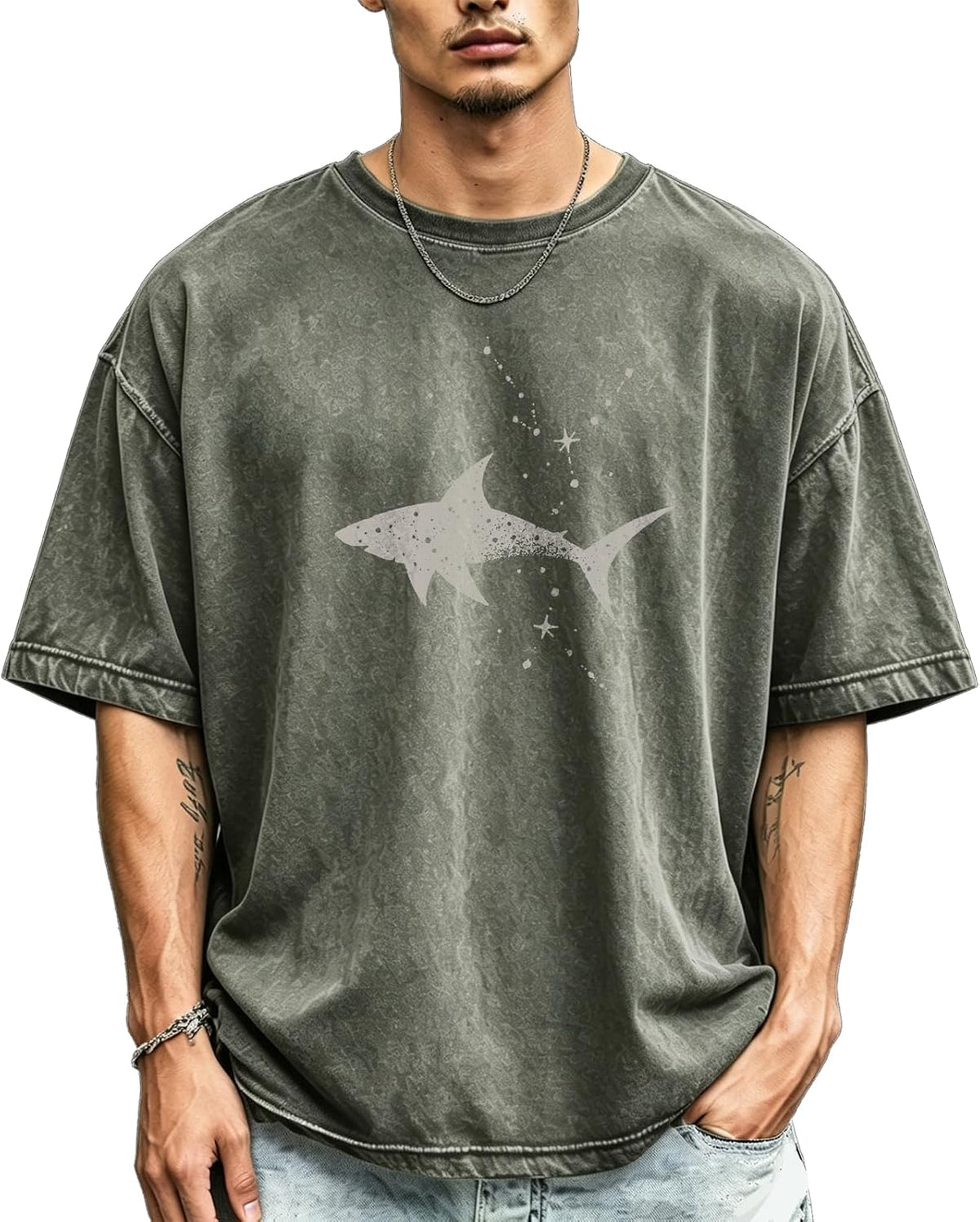 Cotton Crew Neck Summer Casual T-Shirt | Vintage Washed Men's Trendy Distressed Graphic Tee - Shark Silhouette