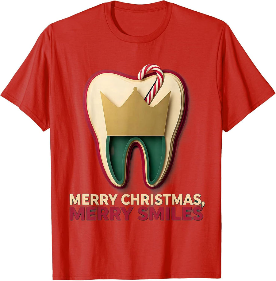 Men's Merry Christmas, Merry Smiles Funny Dental Christmas Dentist T-Shirt - Red
