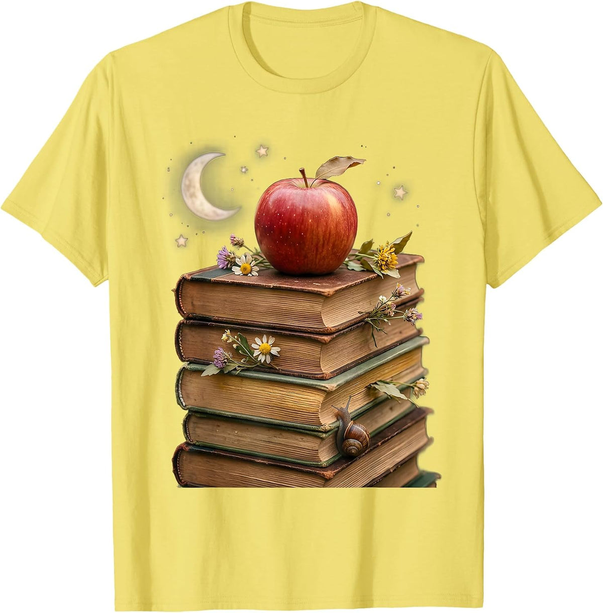 Men's Reading Teacher Stack of Books Apple Illustration T-Shirt - Lemon Yellow