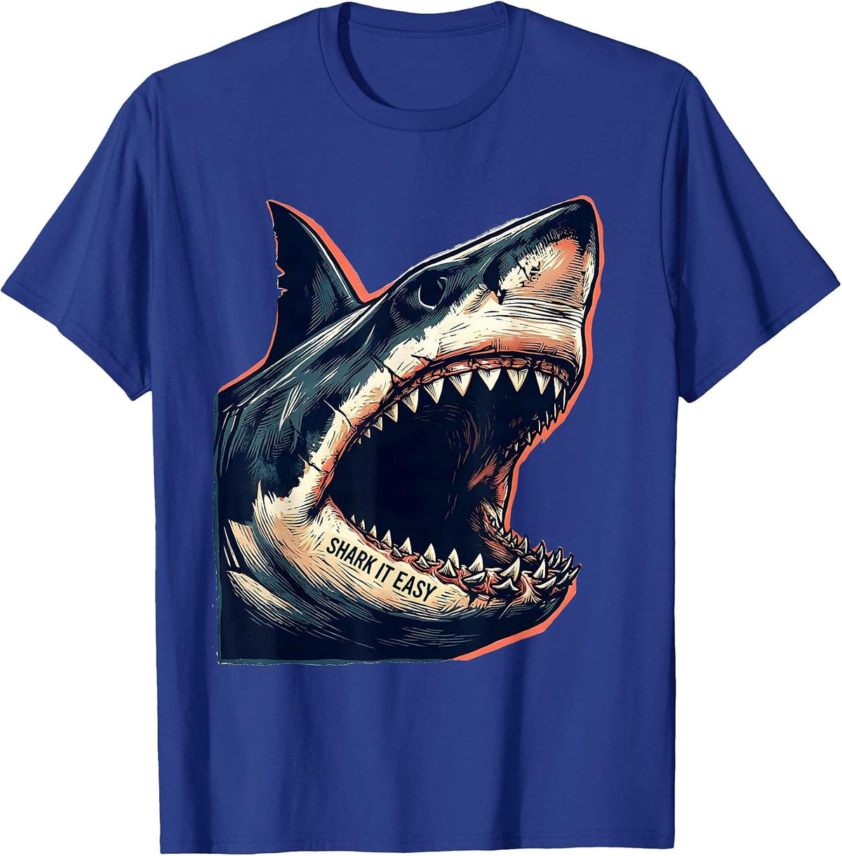 Men's Shark It Easy Linocut Funny Shark Lover Ocean Animal Humor T-Shirt - Royal Blue