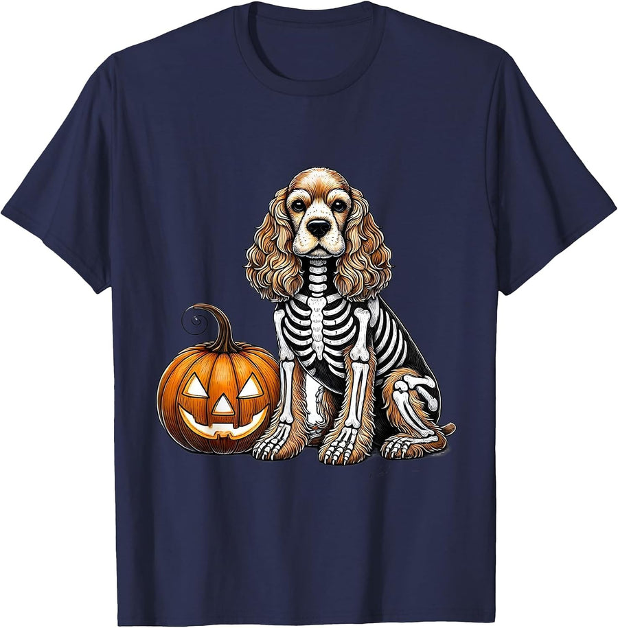 Cocker Spaniel Skeleton Jack O Lantern Funny Dog Halloween T-Shirt - Navy Blue