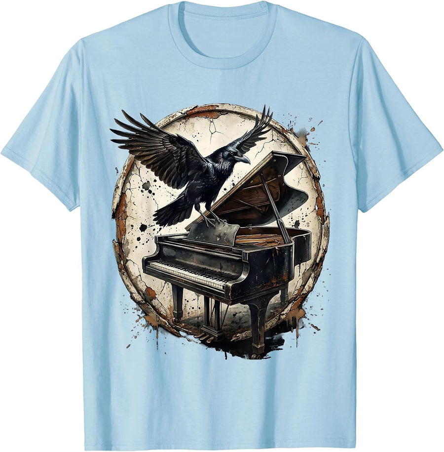 Men's Raven on Grand Piano Gothic Music Art T-Shirt - Baby Blue