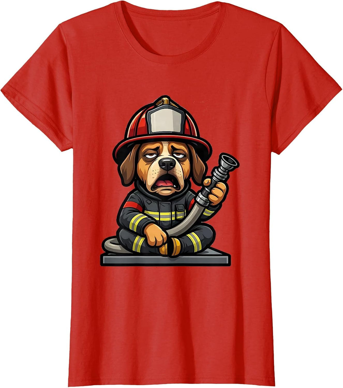 Yawning Firefighter Mascot Helmet Logo Family Humor T-Shirt - Red