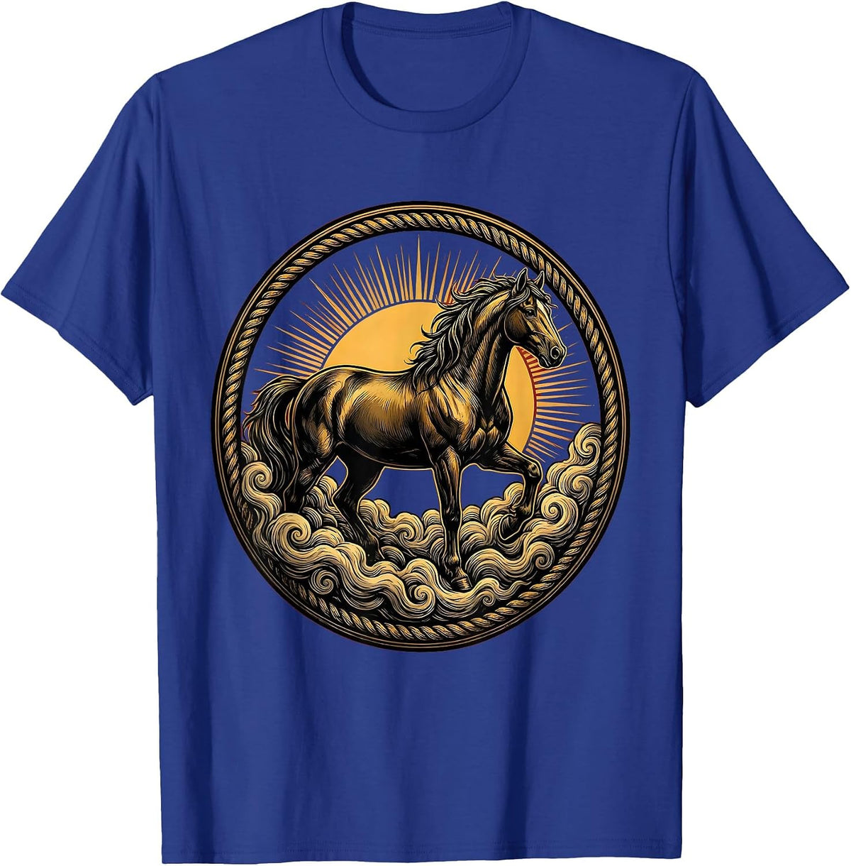 Horse in Misty Morning Fog Illustration T-Shirt - Royal Blue
