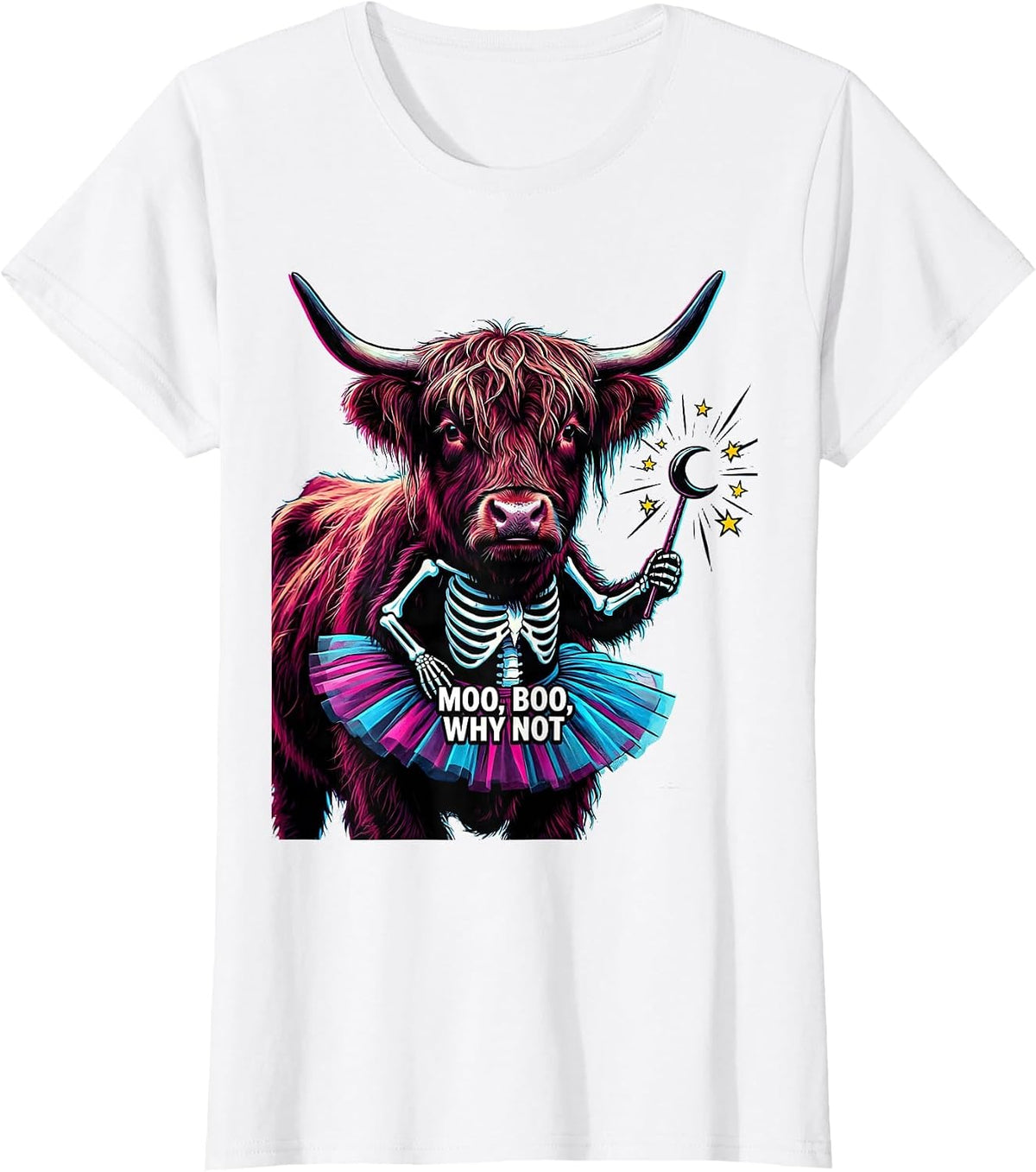Women's Moo Boo Why Not Pop Art Highland Cow Halloween Costume Humor T-Shirt - White