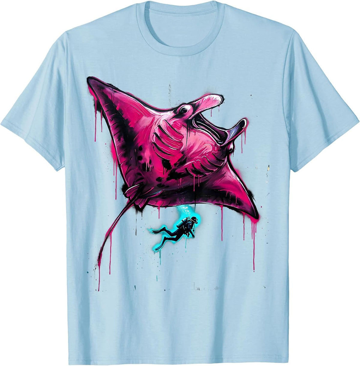 Men's Scuba Diver and Manta Ray Ocean Freedom Design T-Shirt - Baby Blue