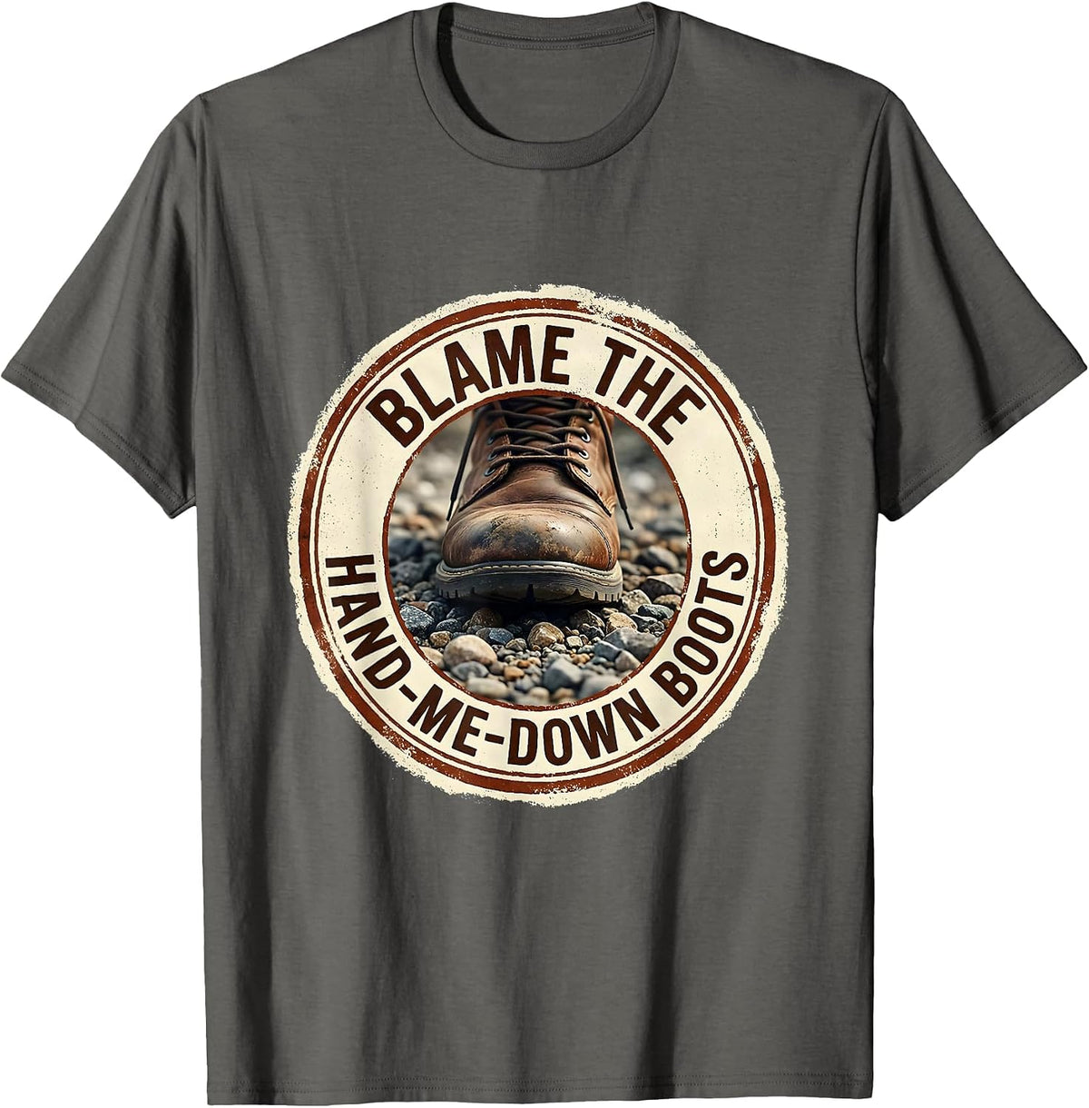 Blame The Hand-Me-Down Boots Rubber Stamp Country Music T-Shirt - Asphalt Grey