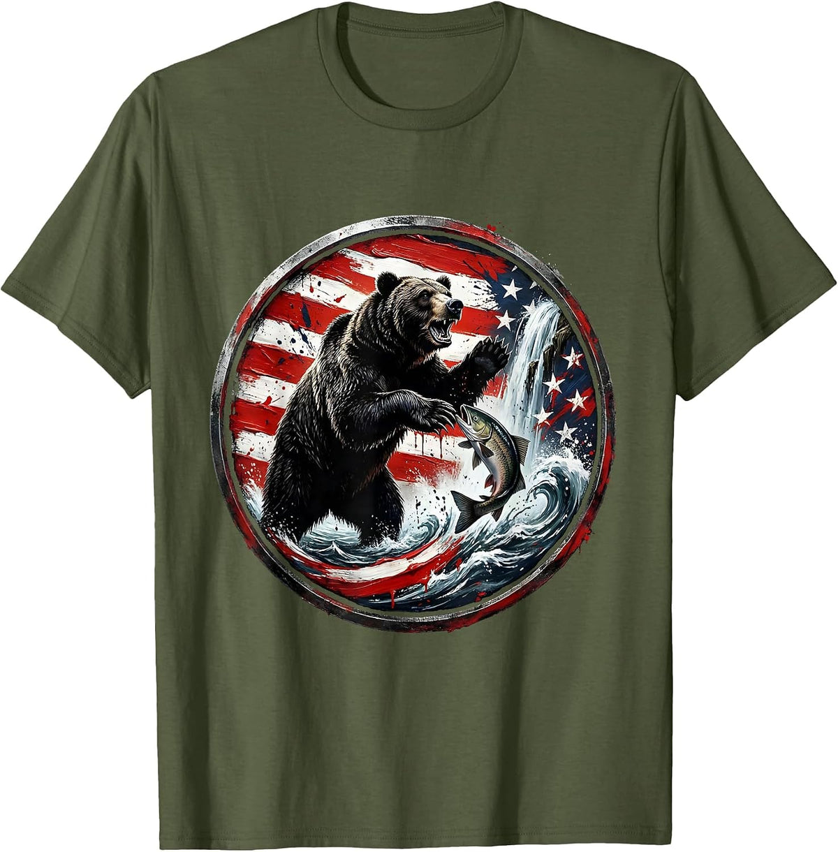 Men's Bear Catching Salmon in Rushing Waterfall T-Shirt - Olive Green