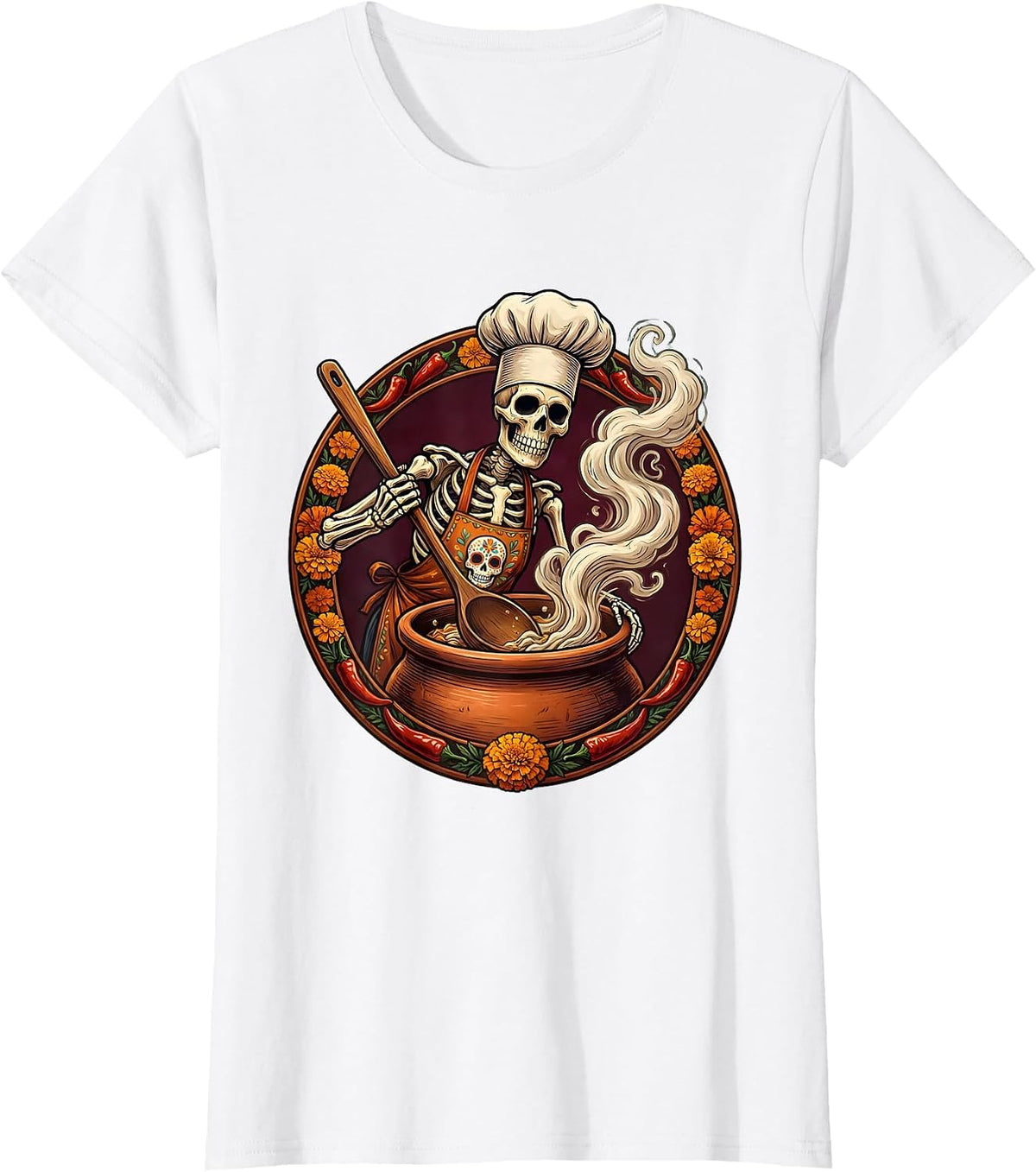 Mexican Skeleton Chef Stirring Giant Steaming Pot T-Shirt - White