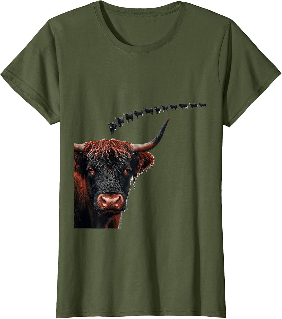 Women's Highland Cow Minimalist Farm Animal Humor T-Shirt - Olive Green
