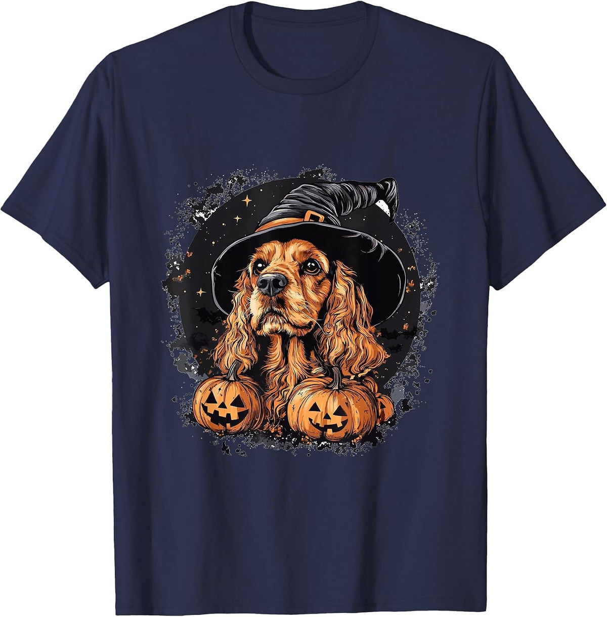 Cocker Spaniel Dog Whitch Hat Halloween Pumpkin Spooky Happy T-Shirt - Navy Blue