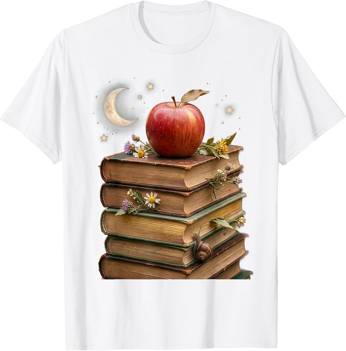 Men's Reading Teacher Stack of Books Apple Illustration T-Shirt - White