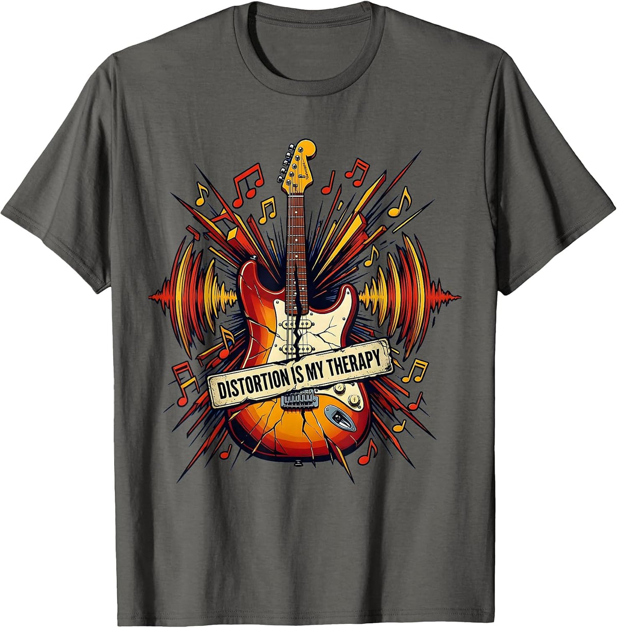 Distortion Is My Therapy Rock Band Guitar Design T-Shirt - Asphalt Grey