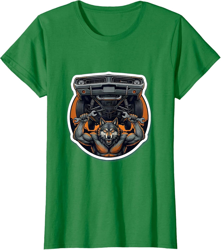 Women's Wolf Mechanic Under Lifted Car Graphic Tee T-Shirt - Kelly Green