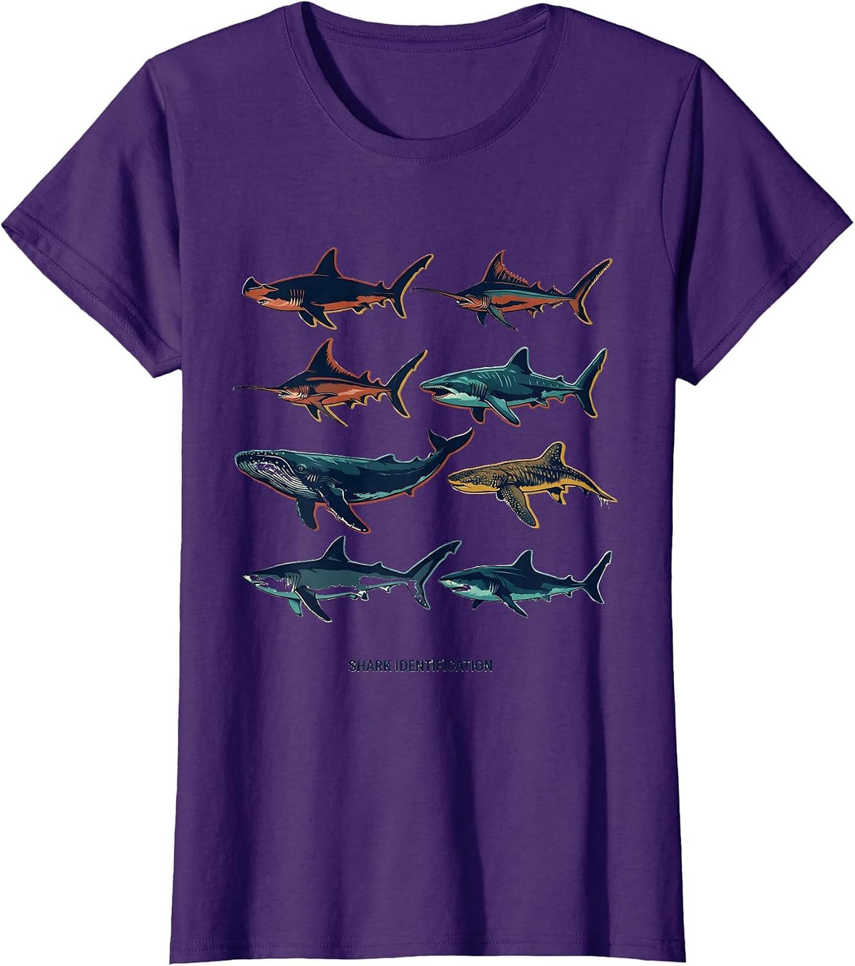 Women's Shark Identification Vintage Screenprint Marine Wildlife T-Shirt - Purple