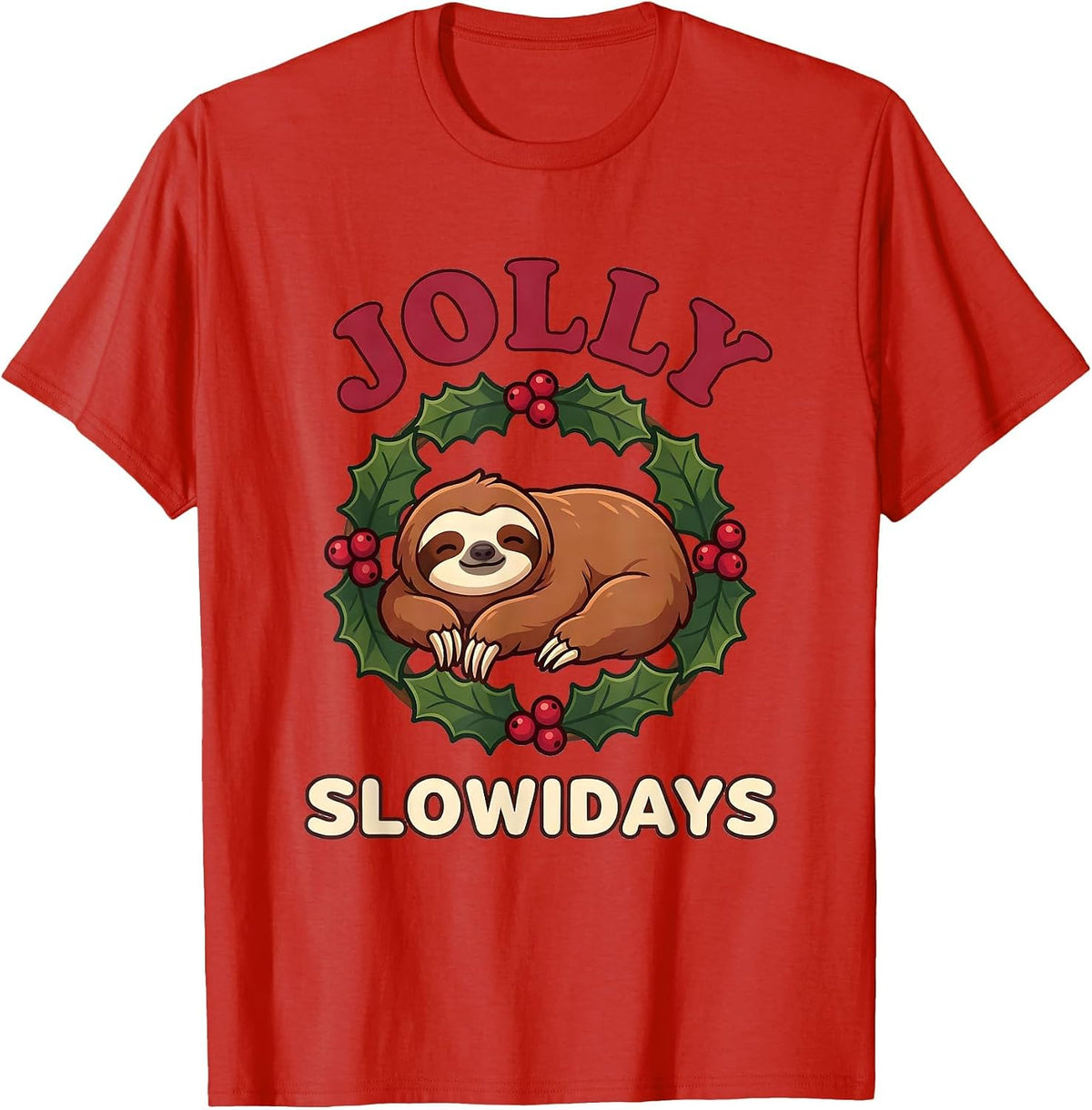 Men's Jolly Slowidays Cute Kawaii Sloth Lover Funny Christmas T-Shirt - Red