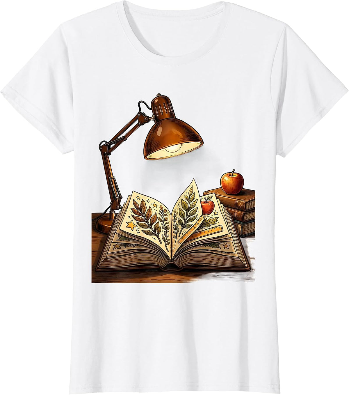 Reading Teacher Desk Lamp Open Book Illustration T-Shirt - White