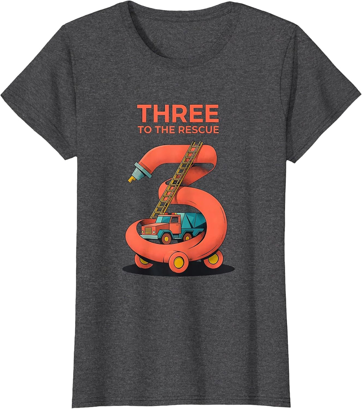 Women's Three To The Rescue Midcentury Modern Fire Truck Kid T-Shirt - Dark Heather Grey