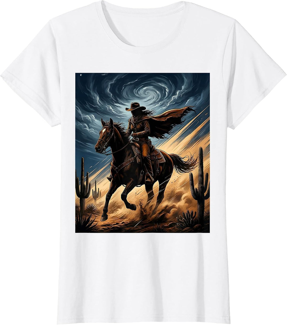 Cowgirl Riding Horse Through Desert Storm T-Shirt - White