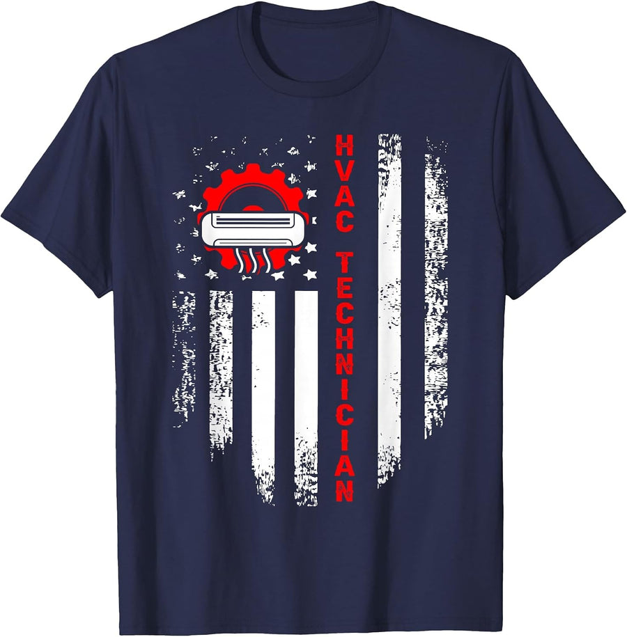 HVAC Technician USA Flag Mechanic Repairman T-Shirt - Navy Blue