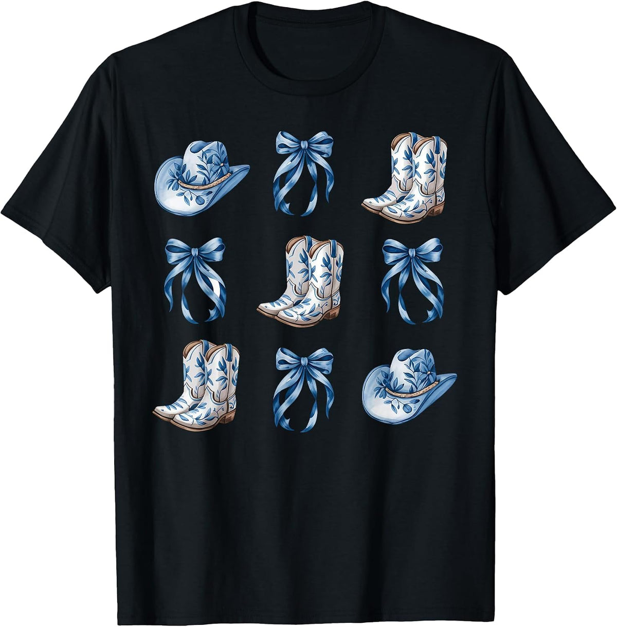 Blue Coquette Cowgirl Bows Boots Cowboy Hat Western T-Shirt - Black