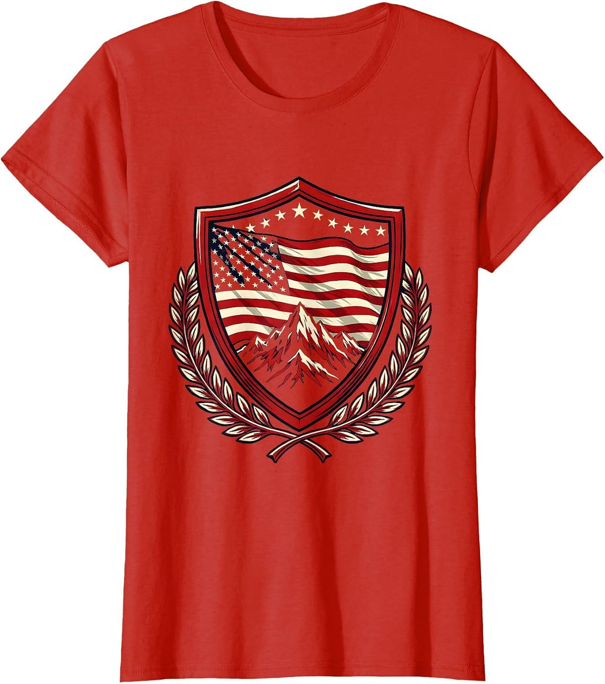 Stars and Stripes Mountain Flag Patriotic Design T-Shirt - Red