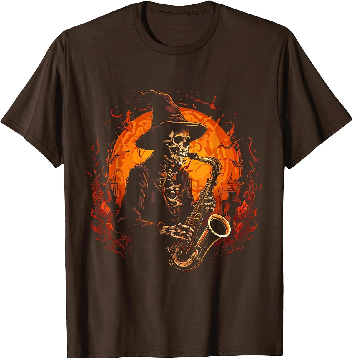 Skeleton Playing Saxophone Musical Scary Halloween Costume T-Shirt - Brown