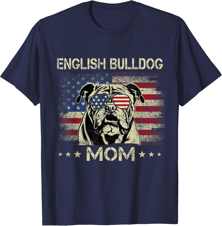 English Bulldog Mom Dog Vintage American Flag 4th of July T-Shirt - Navy Blue