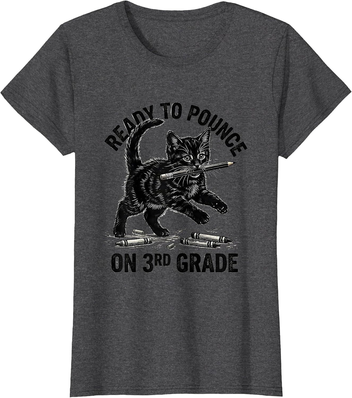 Women's Ready To Pounce On 3rd Grade Cute Cat Kitten Back To School T-Shirt - Dark Heather Grey
