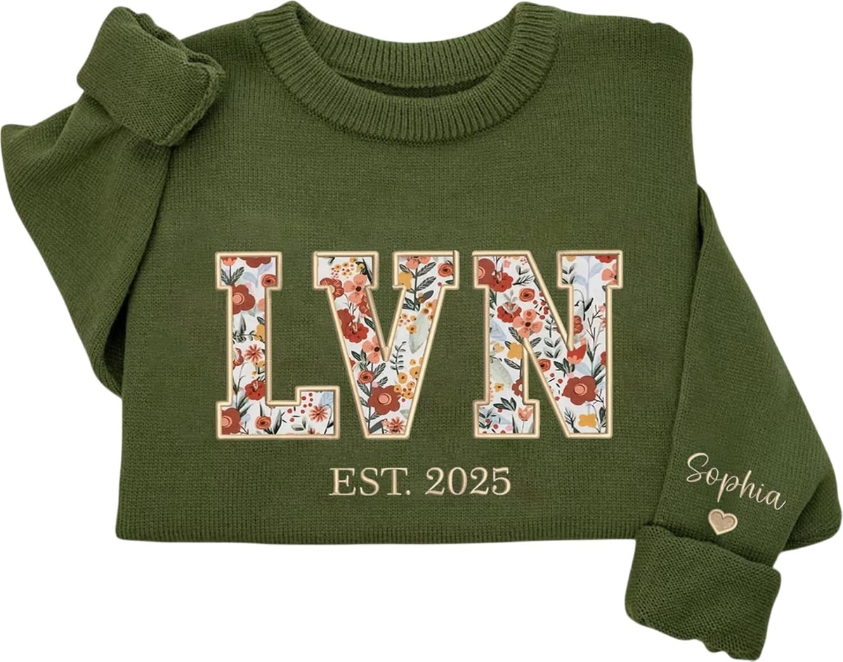 Custom Embroidered Floral Sweater for Nurses, Personalized Floral Knit Sweatshirt – Comfortable Cotton Blend - Lvn