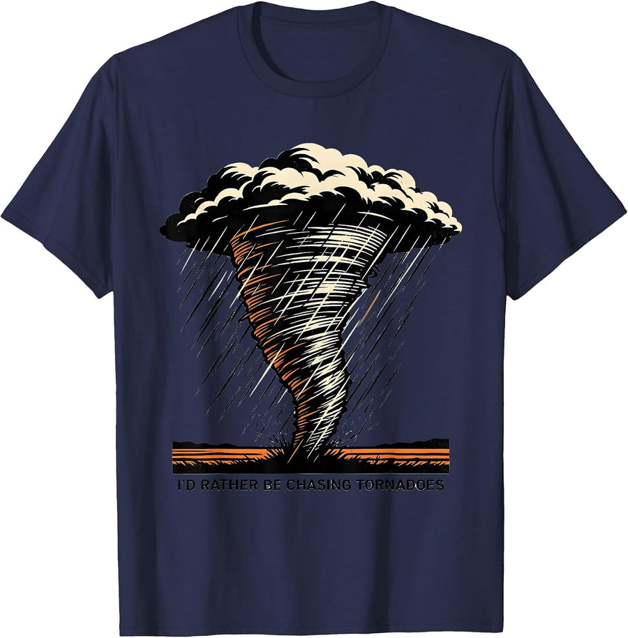 I'd Rather Be Chasing Tornadoes Stencil Graphic Storm Chaser T-Shirt - Navy Blue
