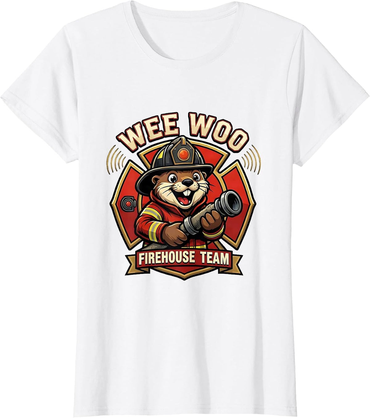Wee Woo Firehouse Team Funny Firefighter Mascot Otter Logo T-Shirt - White