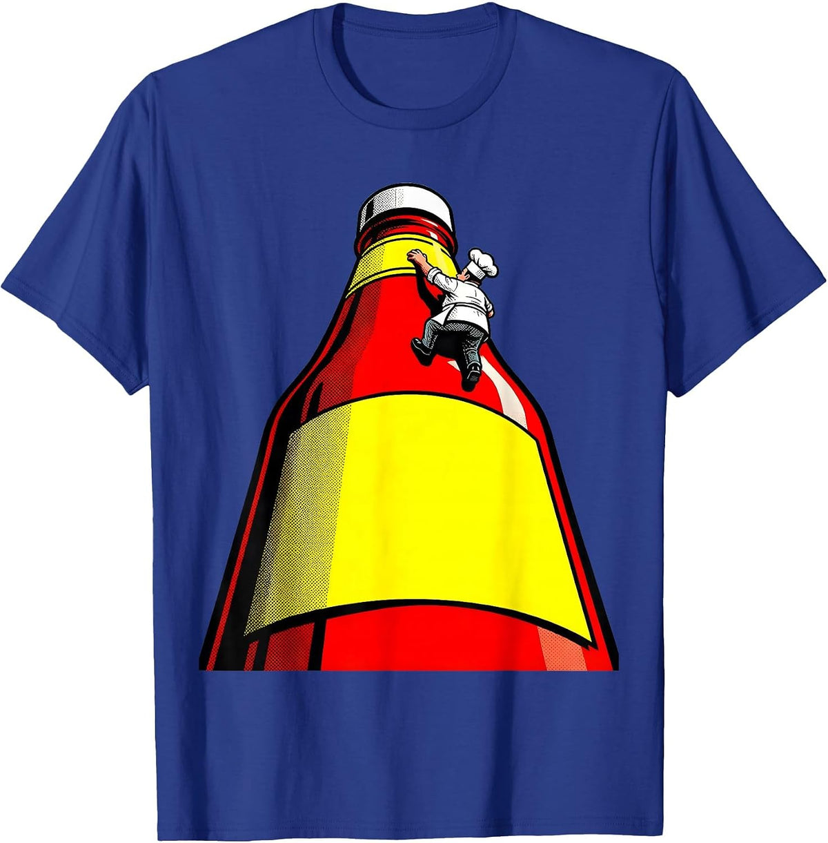 Tiny Chef Climbing Giant Ketchup Bottle T-Shirt - Royal Blue