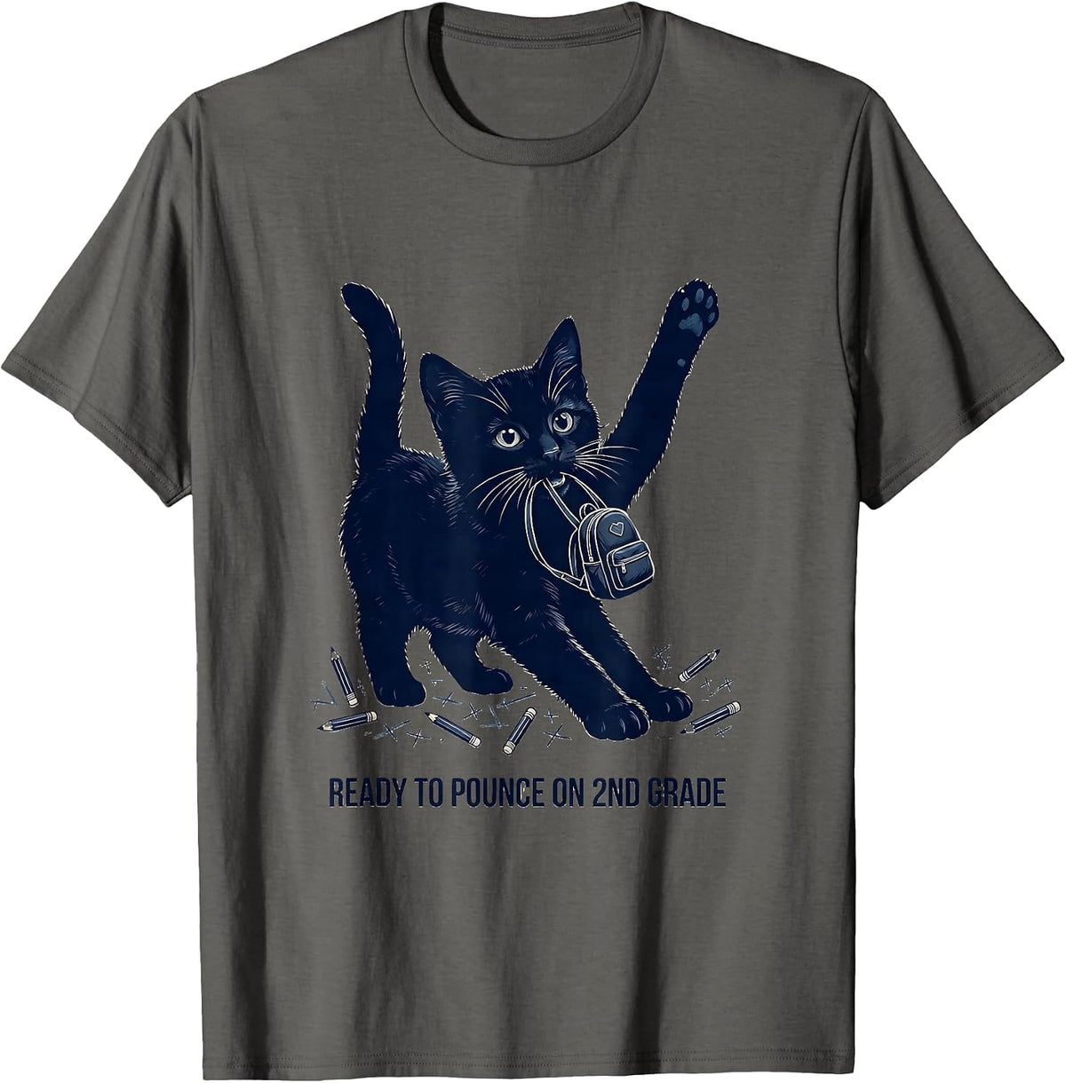 Ready To Pounce On 2nd Grade Cute Cat Back To School Girls T-Shirt - Asphalt Grey