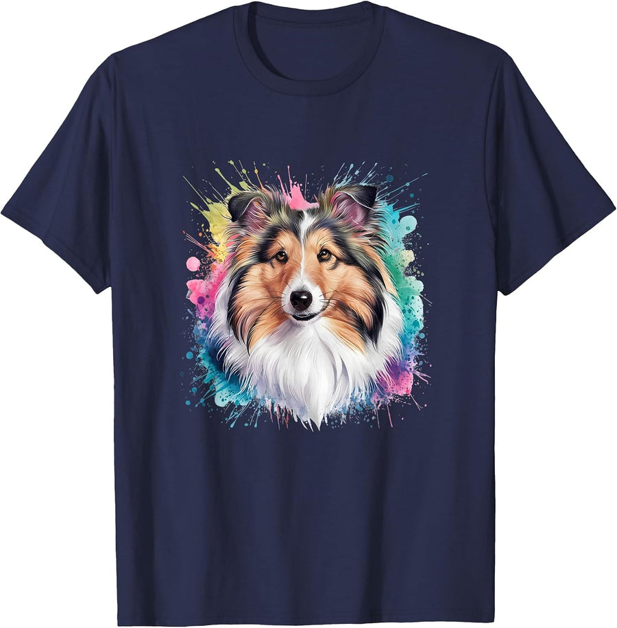 Men Woman Colorful Watercolor Shetland Sheepdog T-Shirt - Navy Blue