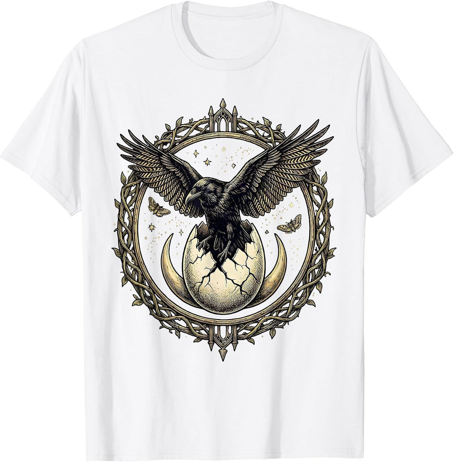 Men's Raven Emerging From Cracked Egg Illustration T-Shirt - White