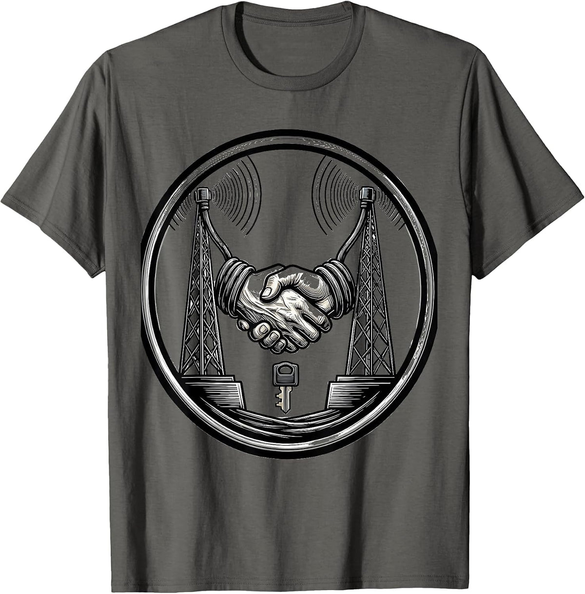 Ham Radio Antenna Masts Handshake Humor Operator Gift T-Shirt - Asphalt Grey