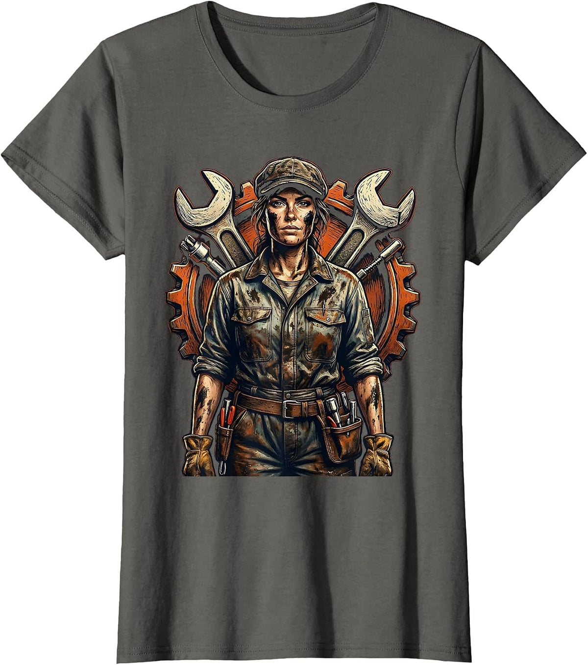 Women's Grease Monkey Mechanic Graphic Design T-Shirt - Asphalt Grey