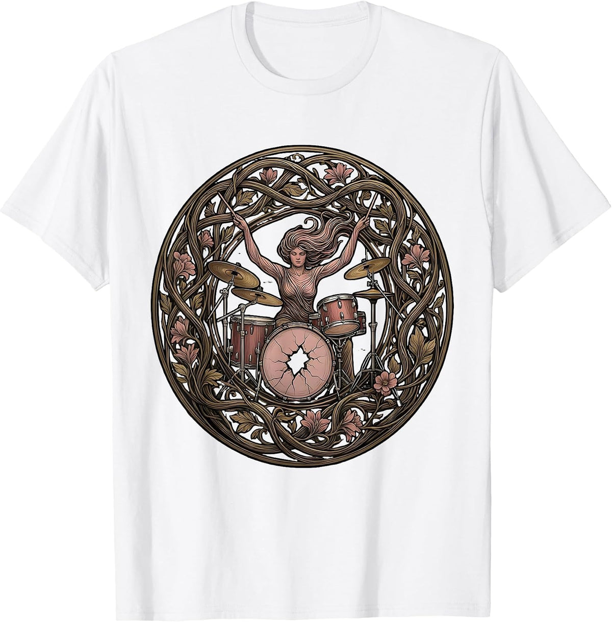 Men's Drummer Through Cracked Bass Drum Band Tee T-Shirt - White
