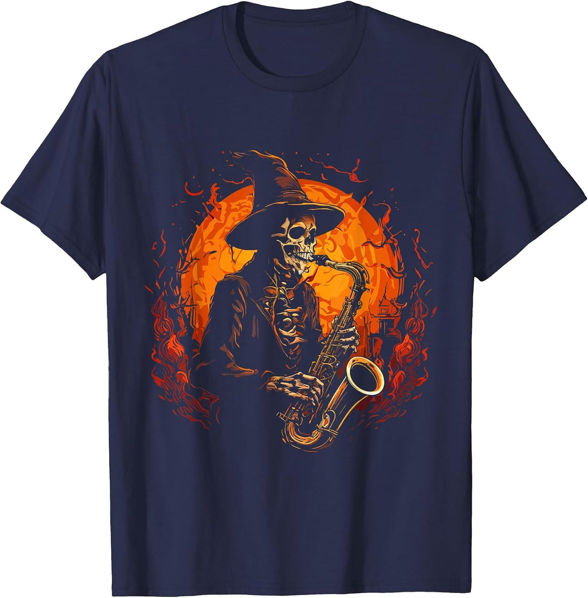 Skeleton Playing Saxophone Musical Scary Halloween Costume T-Shirt - Navy Blue