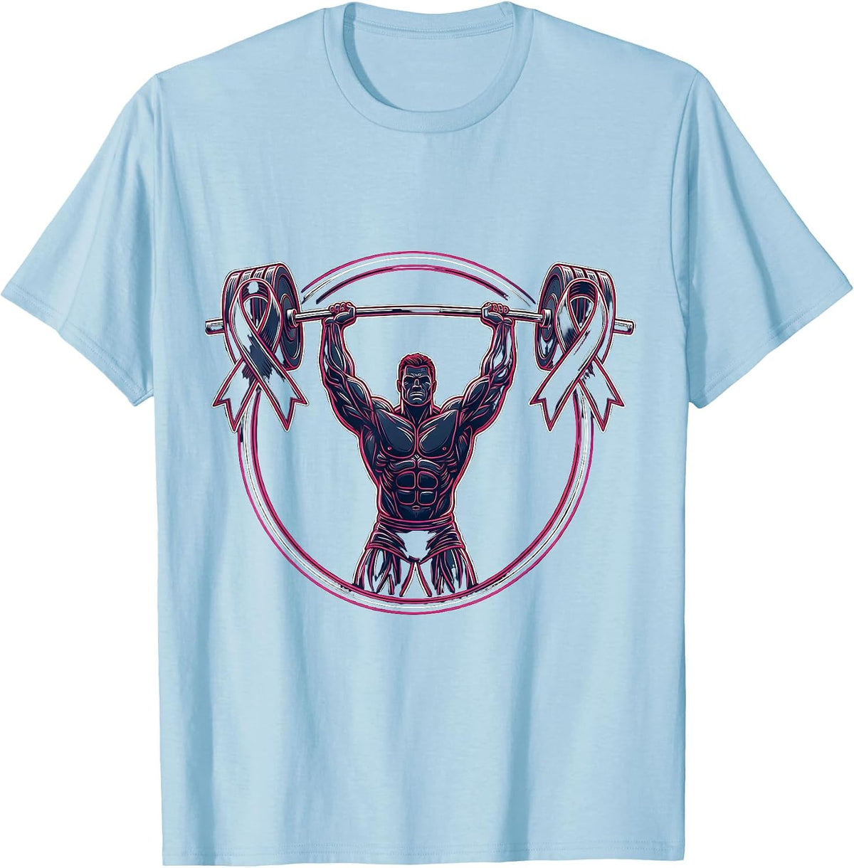 Men's Strongman Pink Barbell Breast Cancer Awareness T-Shirt - Baby Blue