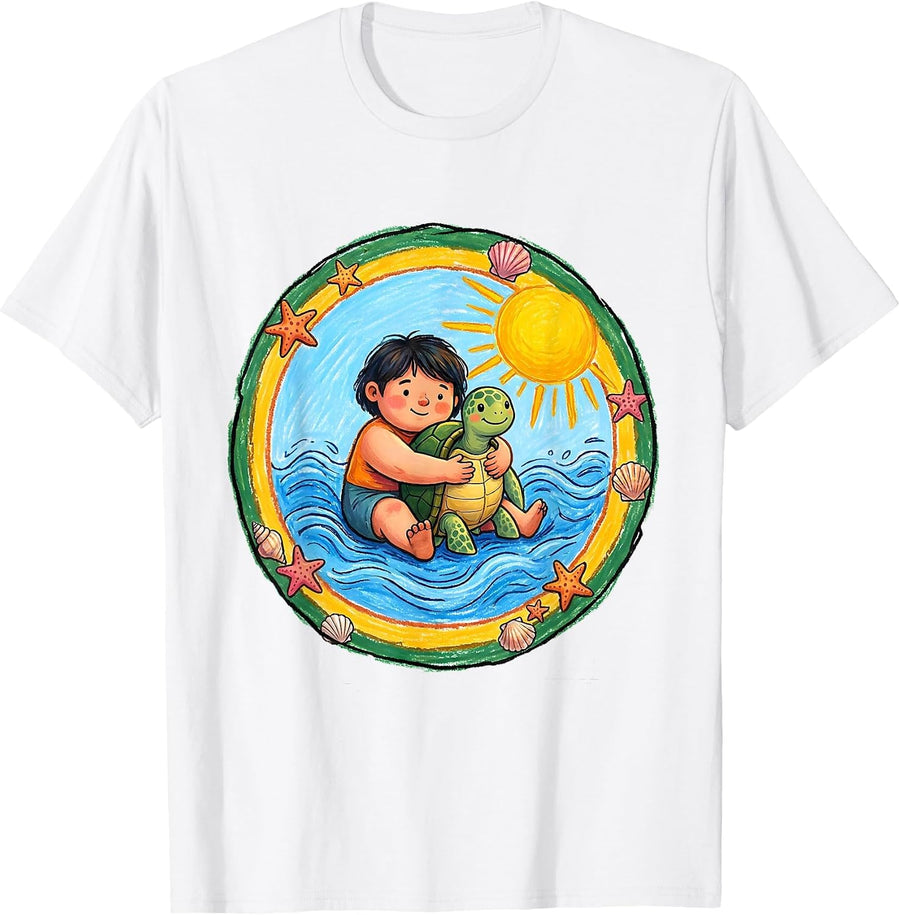 Men's Puerto Rico Kids Sea Turtle Hug Illustration T-Shirt - White